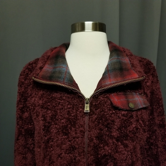 Pendleton Cranberry Wine Cozy Soft Fuzzy Teddy Bear Zip Sweatshirt Small - Picture 2 of 8